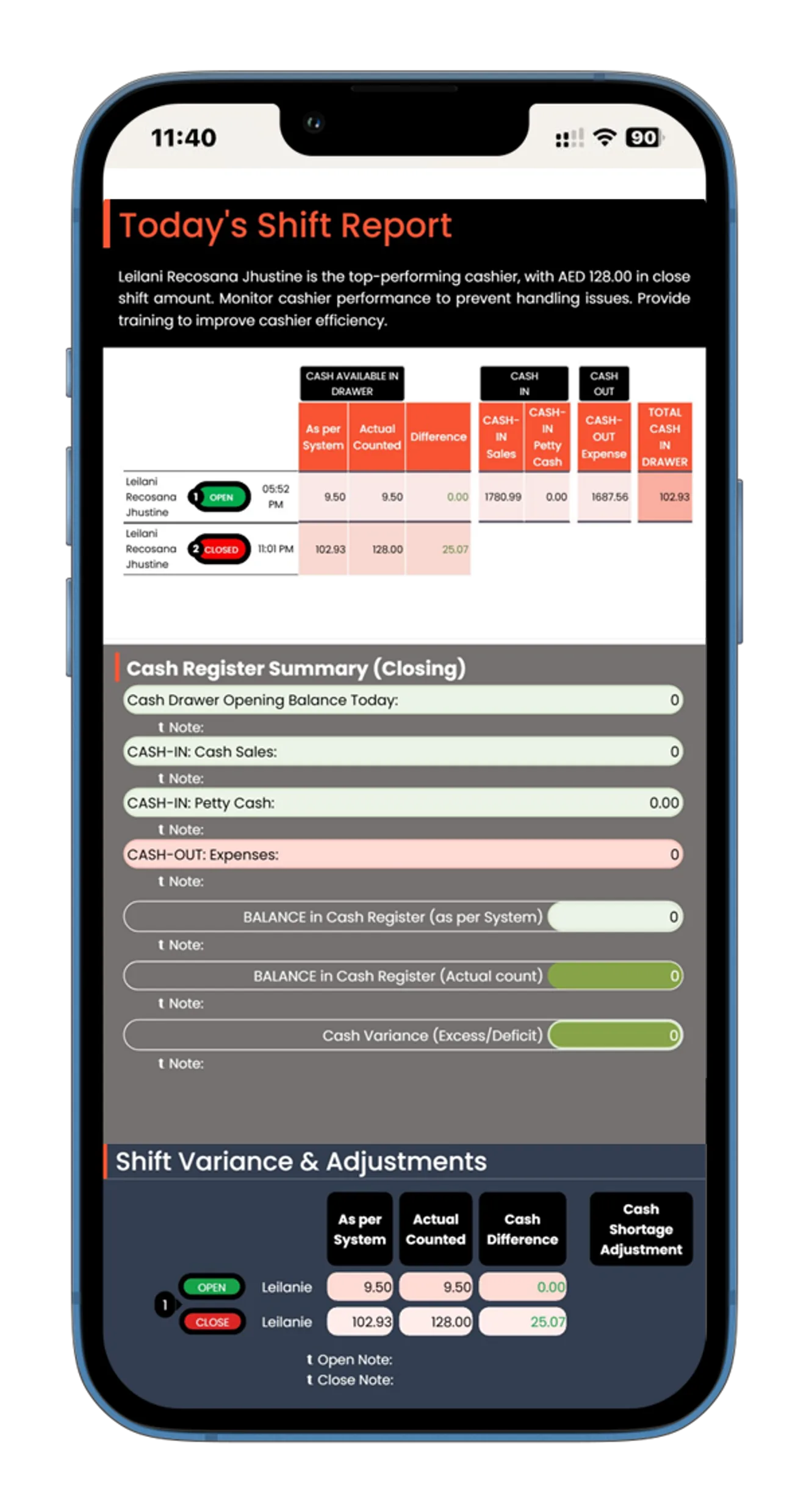 BrixPOS Shift & cash drawer management screen
